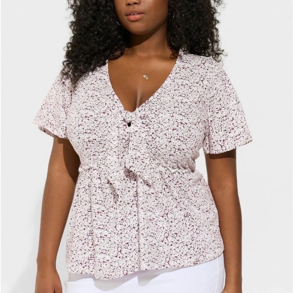 Torrid Heritage Jersey V-Neck Tie Front Top Blossom Floral 100% Cotton 3X NEW